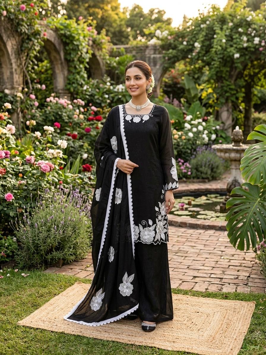 Black colour White Embroidery Work premium Kurta Set