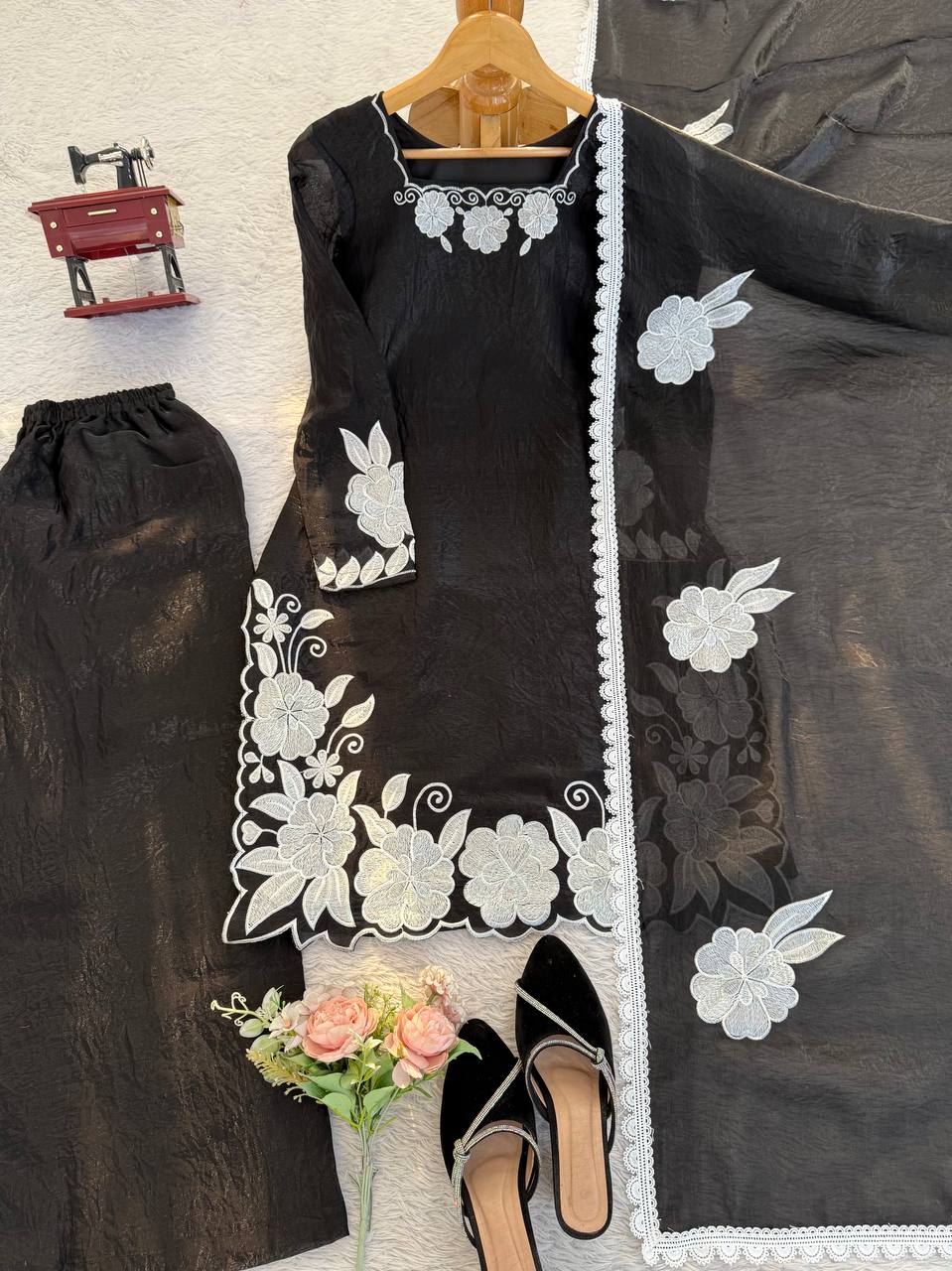 Black colour White Embroidery Work premium Kurta Set