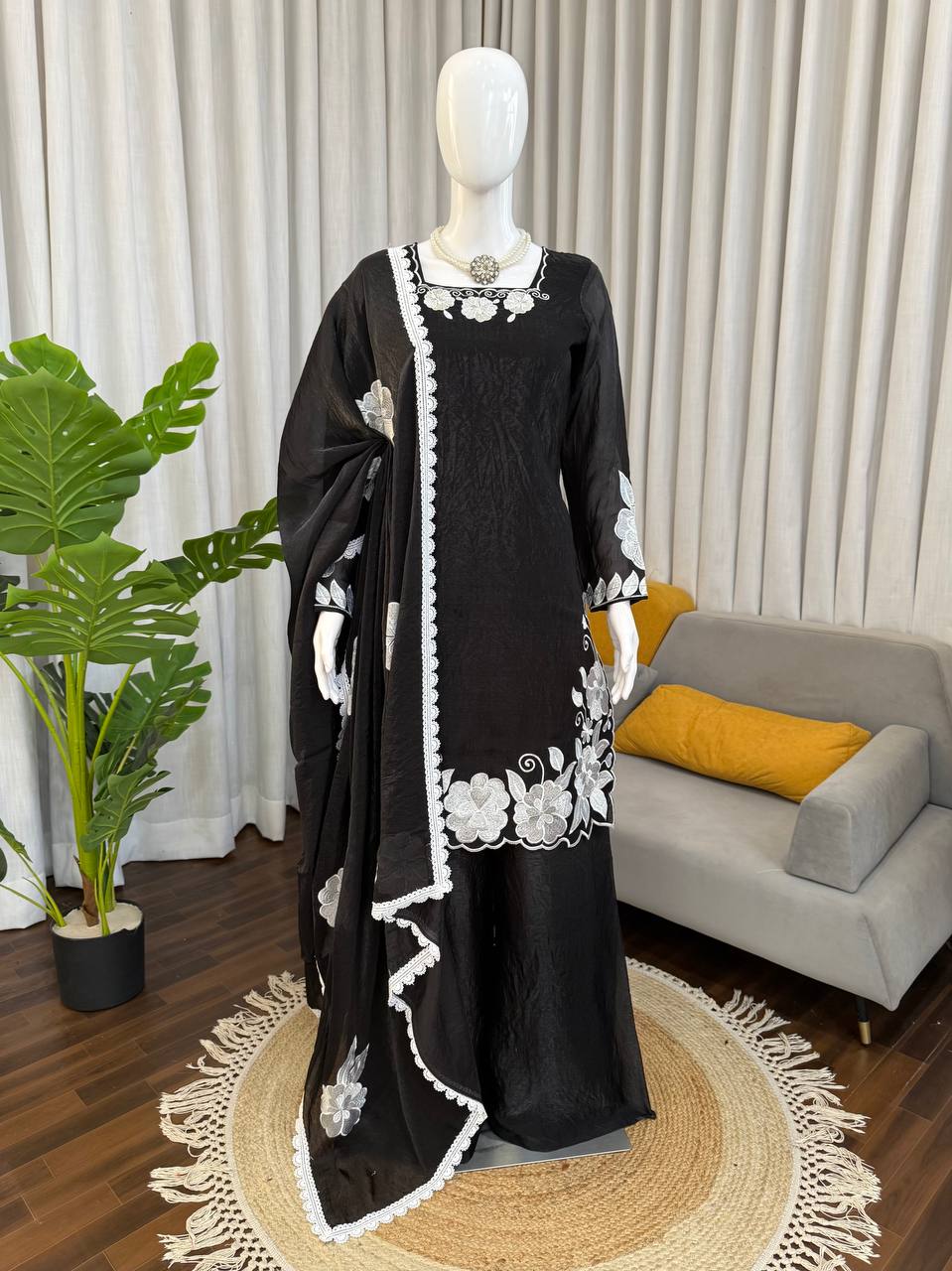 Black colour White Embroidery Work premium Kurta Set