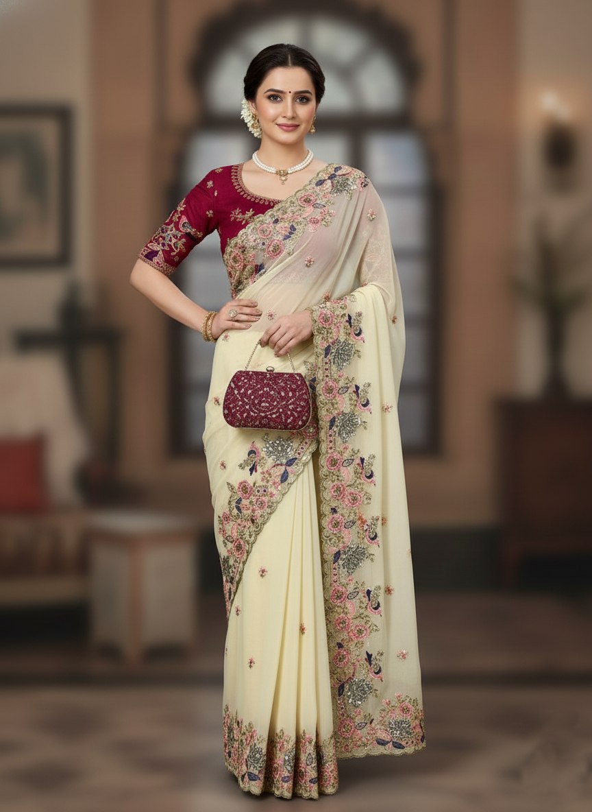 Off White Georgette With Embroidery Thread + Sequence Butti Work Saree
