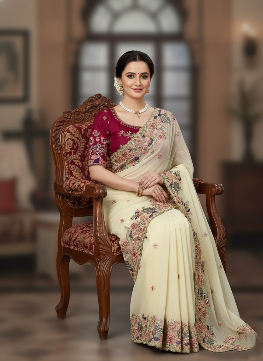 Off White Georgette With Embroidery Thread + Sequence Butti Work Saree