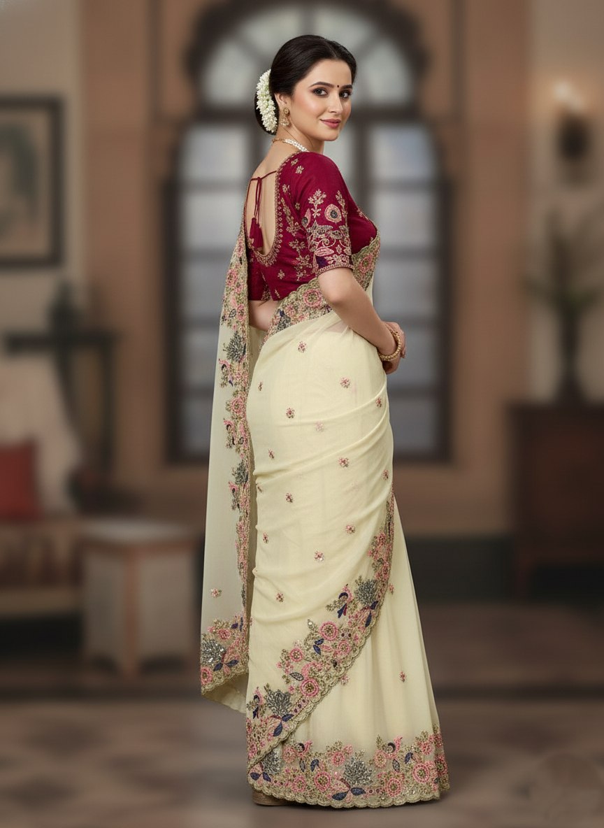 Off White Georgette With Embroidery Thread + Sequence Butti Work Saree