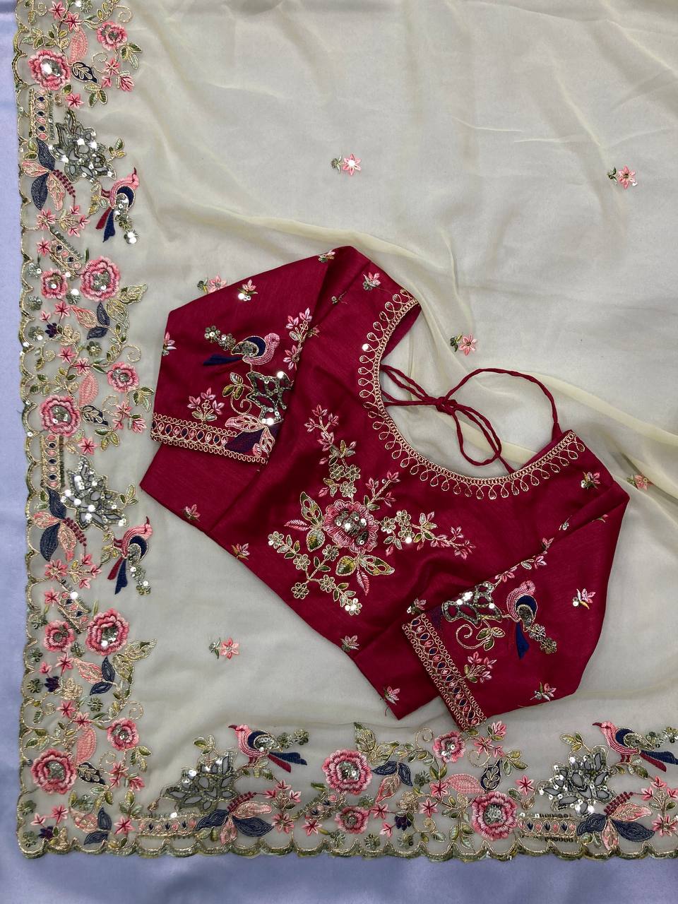 Off White Georgette With Embroidery Thread + Sequence Butti Work Saree