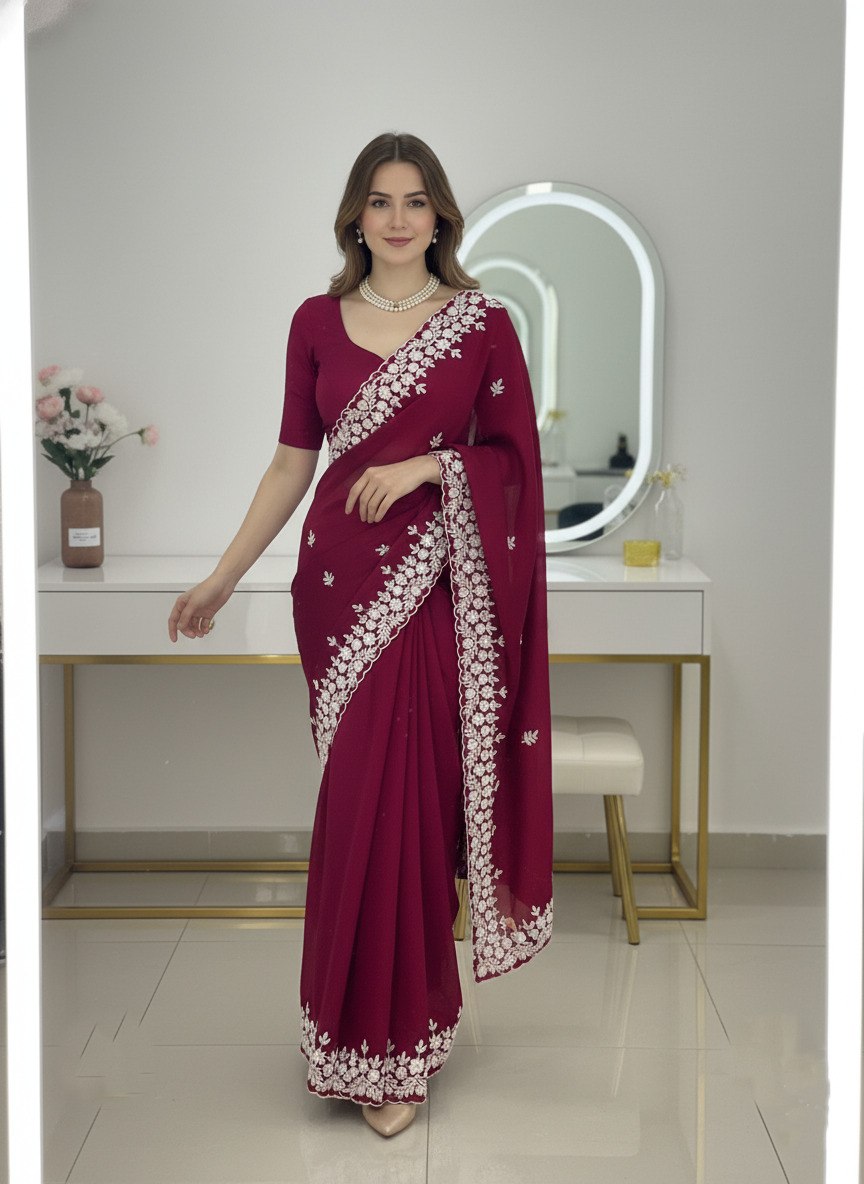 Rangoli Silk Maroon Sequance Work Saree With Unstitch Blouse