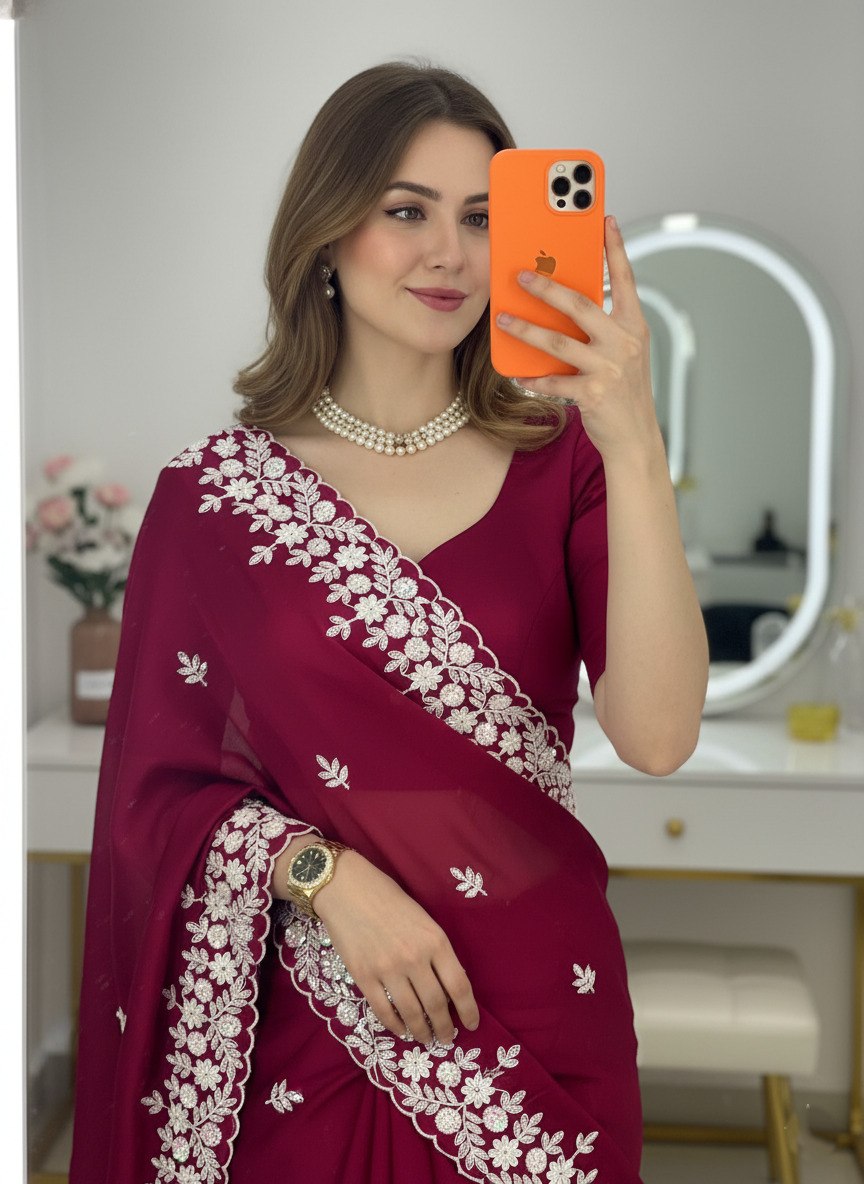 Rangoli Silk Maroon Sequance Work Saree With Unstitch Blouse