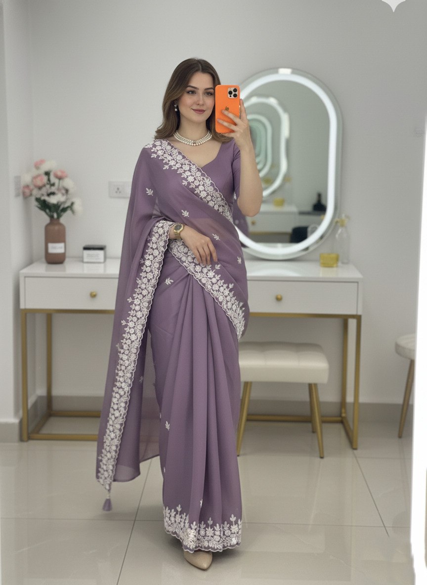 Rangoli Silk Onion Colour Sequance Work Saree With Unstitch Blouse