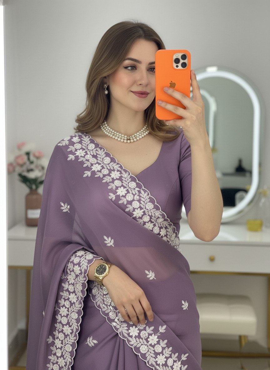 Rangoli Silk Onion Colour Sequance Work Saree With Unstitch Blouse