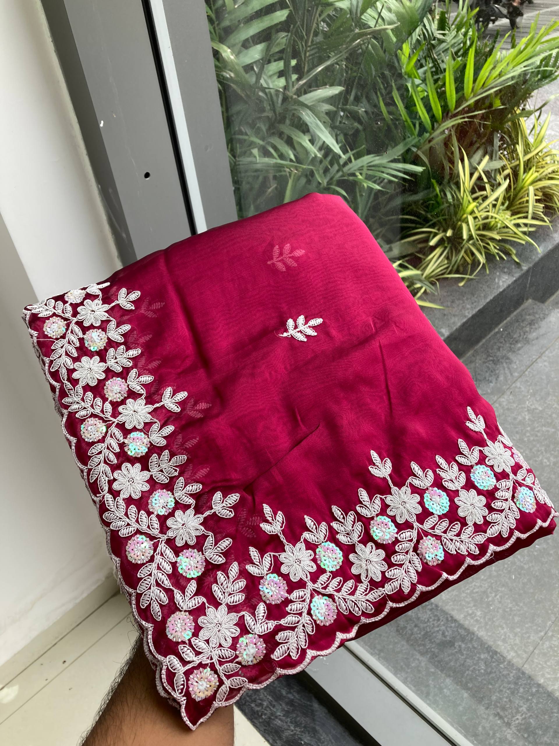 Rangoli Silk Maroon Sequance Work Saree With Unstitch Blouse