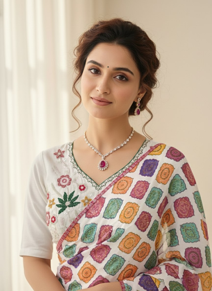 Georgette Fabric White Bandhej Print Saree
