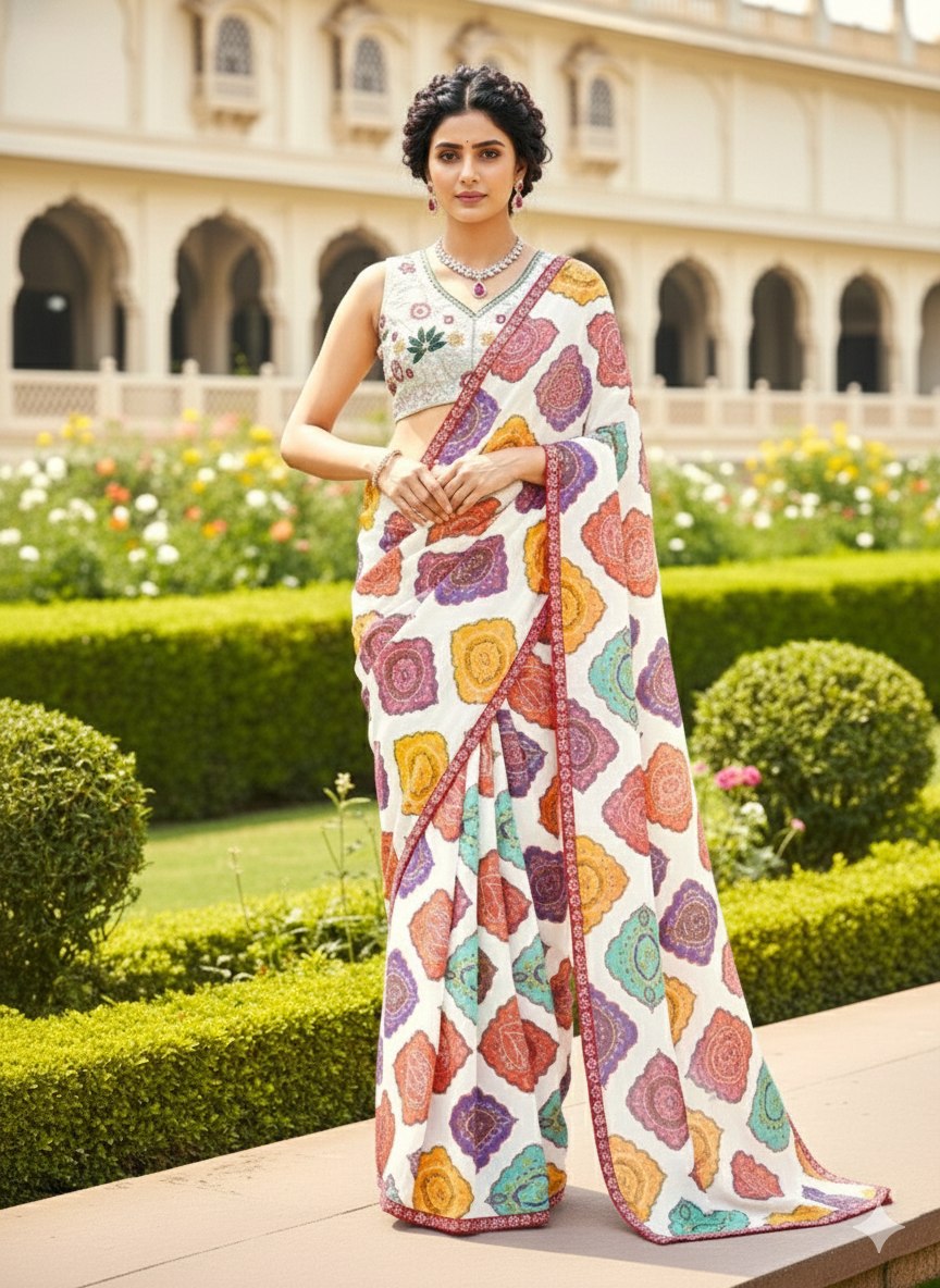 Georgette Fabric White Bandhej Print Saree