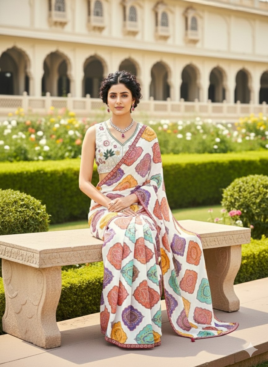 Georgette Fabric White Bandhej Print Saree