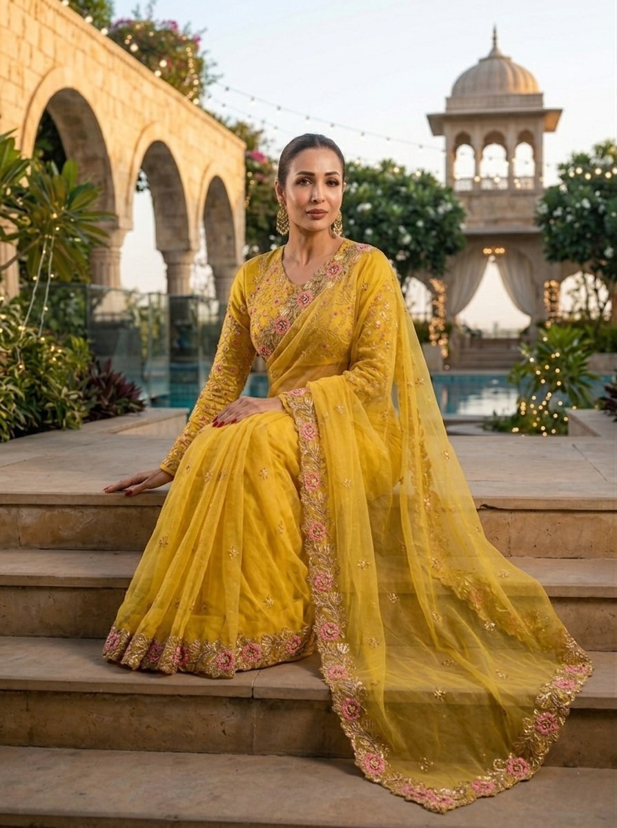 premium Soft chiffon Silk fabric with C-pallu Embroidery Work Yellow Saree