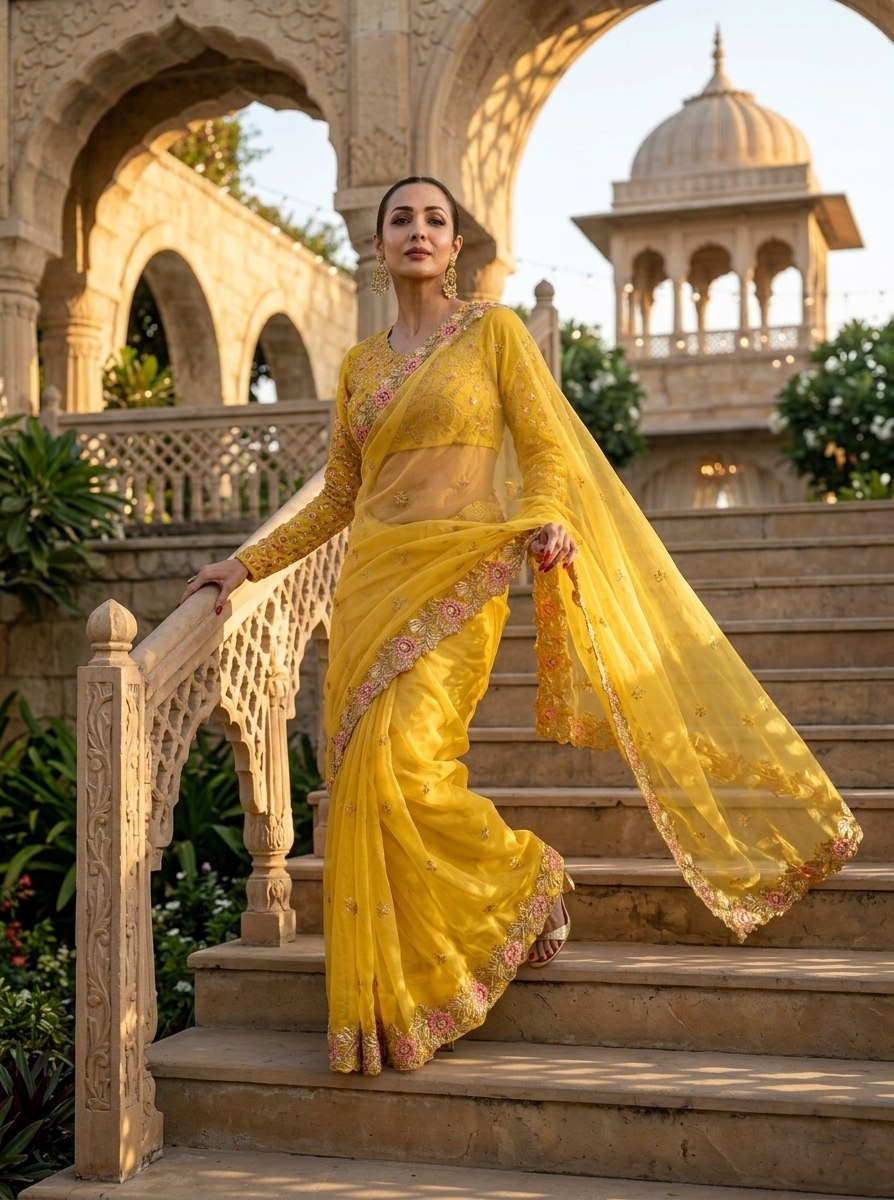 premium Soft chiffon Silk fabric with C-pallu Embroidery Work Yellow Saree