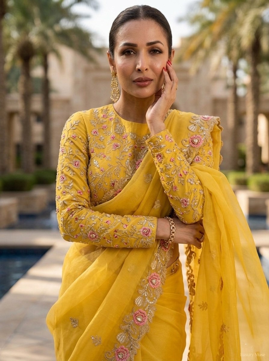 premium Soft chiffon Silk fabric with C-pallu Embroidery Work Yellow Saree