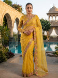 premium Soft chiffon Silk fabric with C-pallu Embroidery Work Yellow Saree