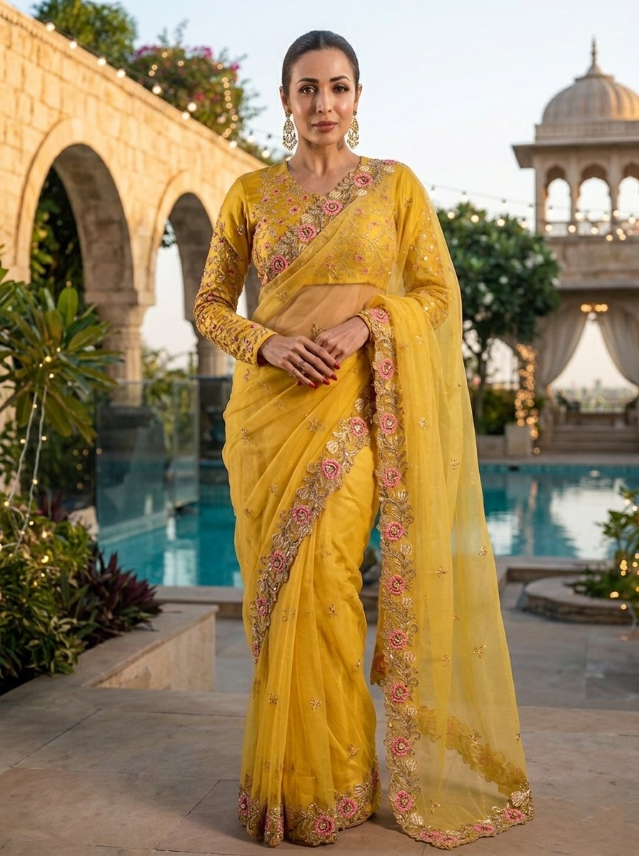 premium Soft chiffon Silk fabric with C-pallu Embroidery Work Yellow Saree