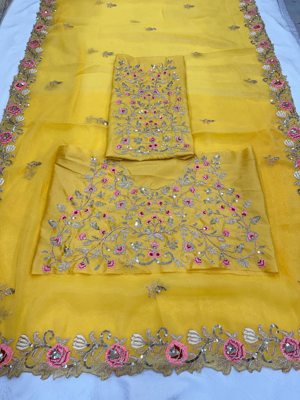 premium Soft chiffon Silk fabric with C-pallu Embroidery Work Yellow Saree