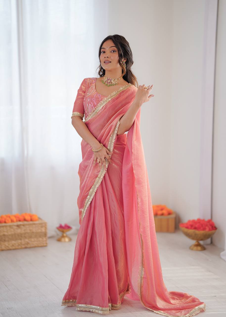 Elegant Pink color Fendy Silk Ready To wear Saree