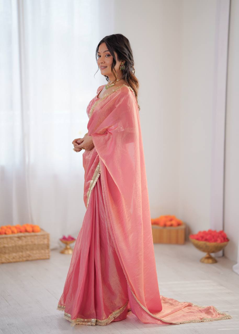 Elegant Pink color Fendy Silk Ready To wear Saree