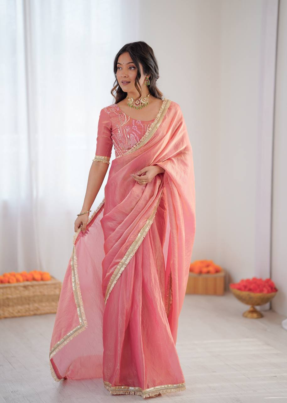Elegant Pink color Fendy Silk Ready To wear Saree