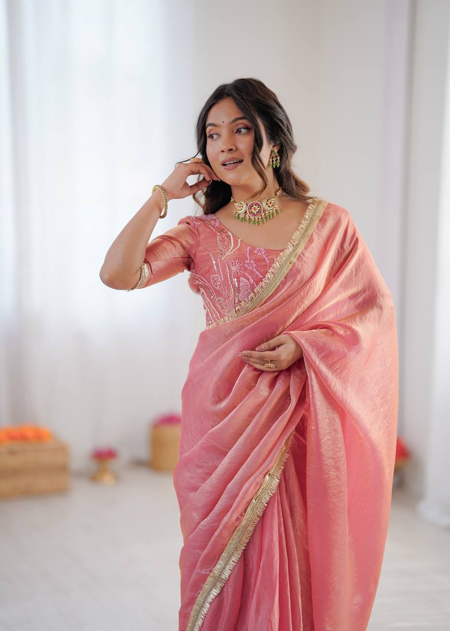 Elegant Pink color Fendy Silk Ready To wear Saree