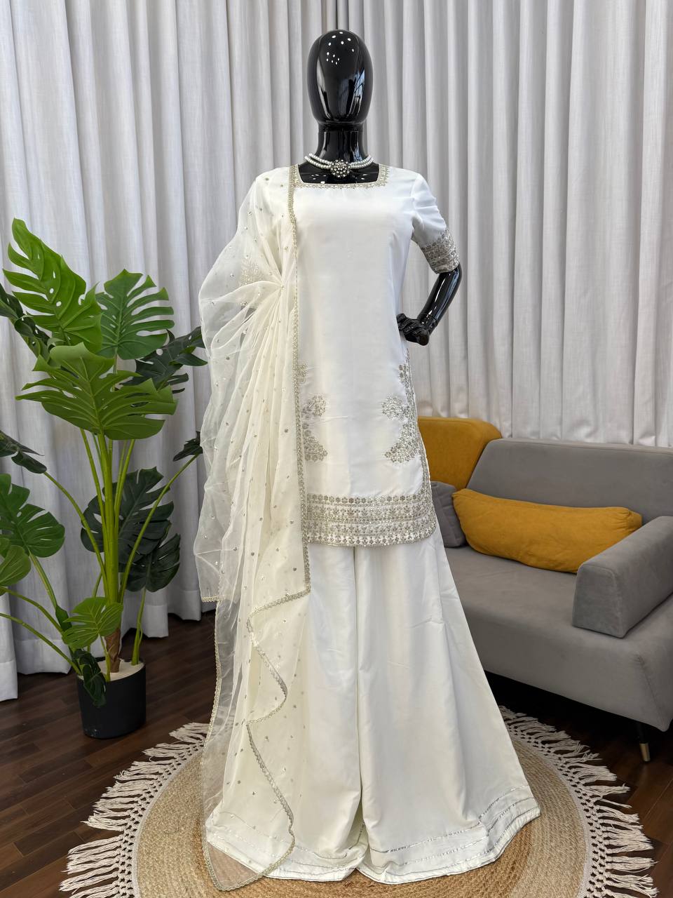 Delightful White Colour Sequnce Work Three Piece Suit