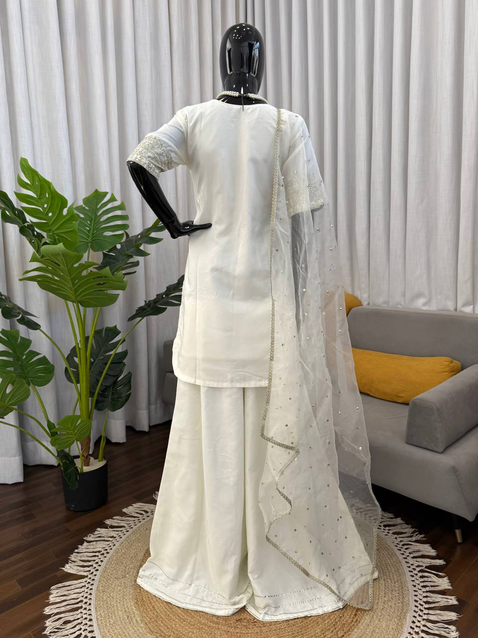 Delightful White Colour Sequnce Work Three Piece Suit