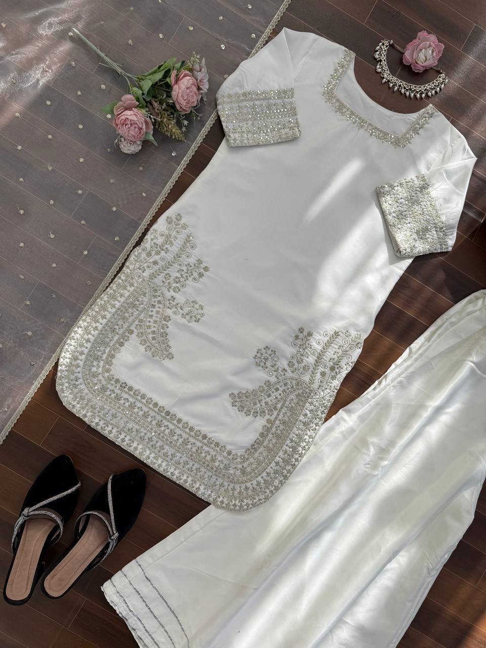 Delightful White Colour Sequnce Work Three Piece Suit
