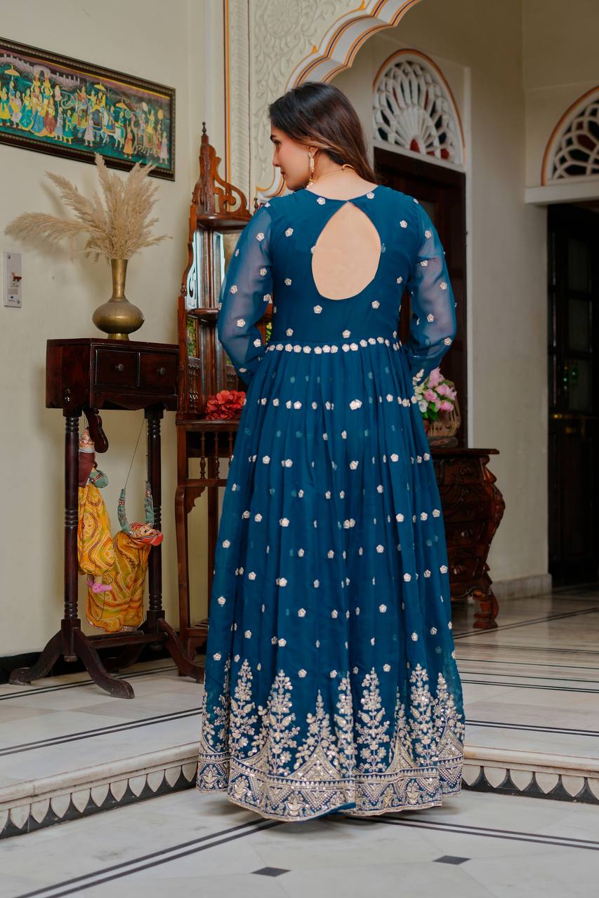Graceful Blue Colour Georgette Sequnce Work Gown Set
