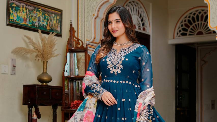 Graceful Blue Colour Georgette Sequnce Work Gown Set