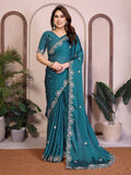 Chiffon Rama Colour Saree With Embroidery Work