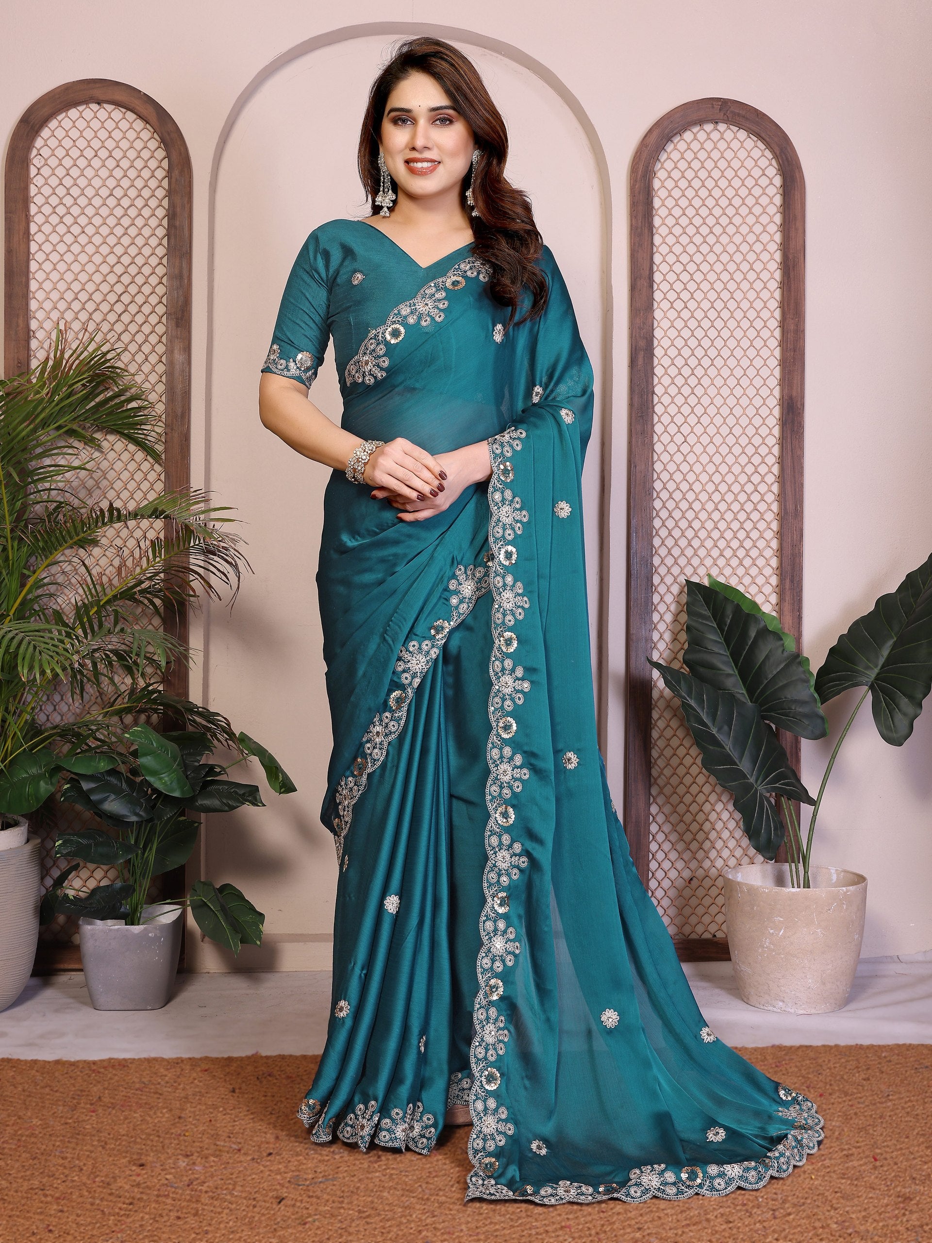 Chiffon Rama Colour Saree With Embroidery Work