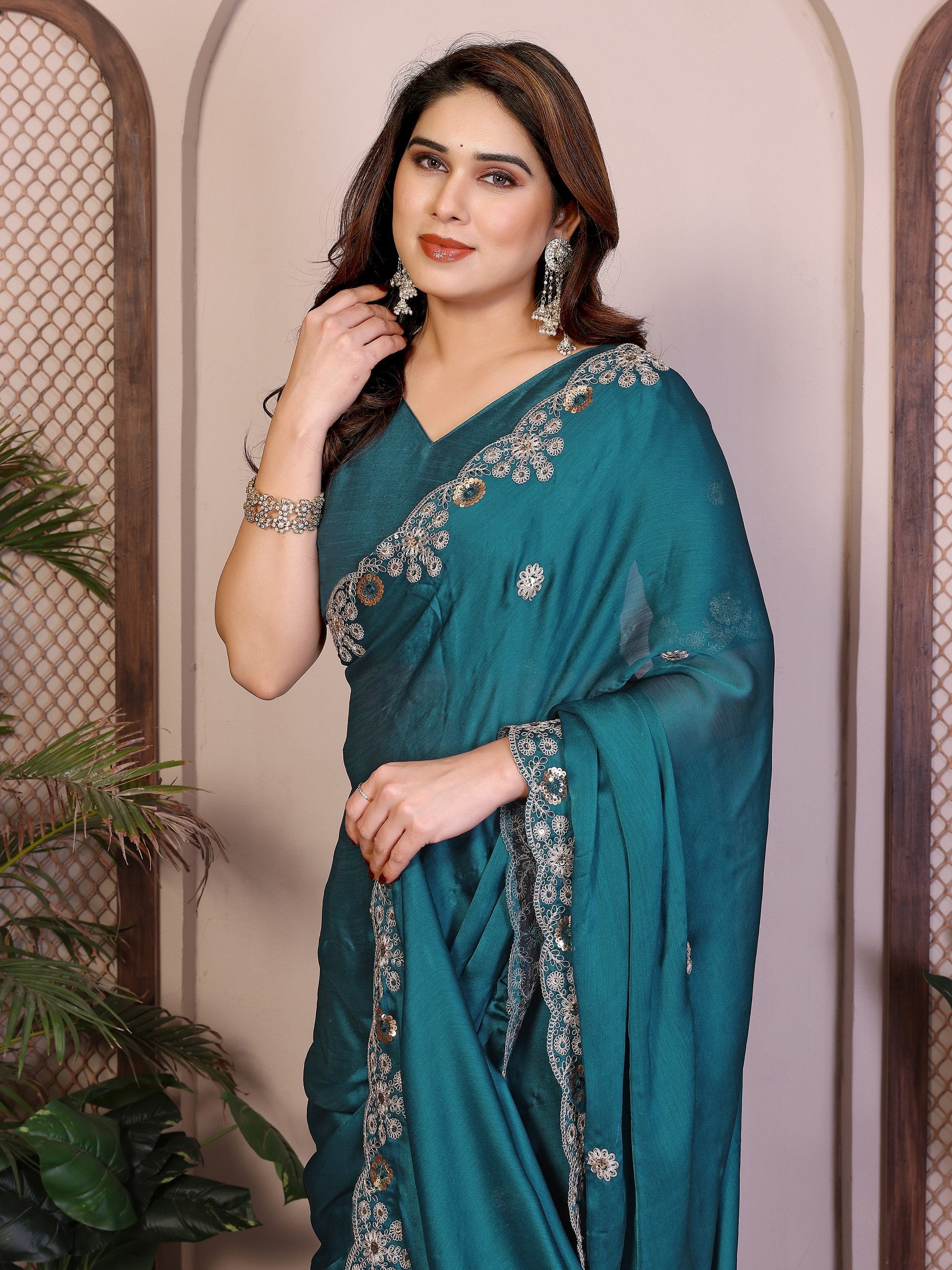 Chiffon Rama Colour Saree With Embroidery Work