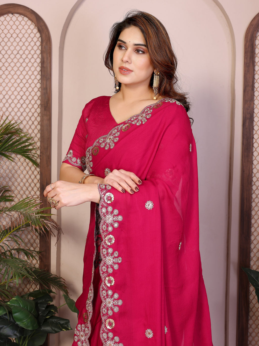 Red Colour Chiffon Fabric With Embroidery Work Saree