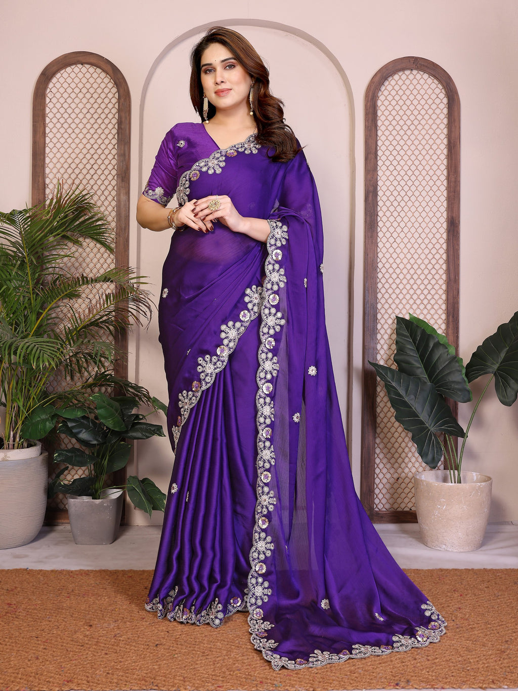 Fancy Purple Colour Chiffon Fabric Saree
