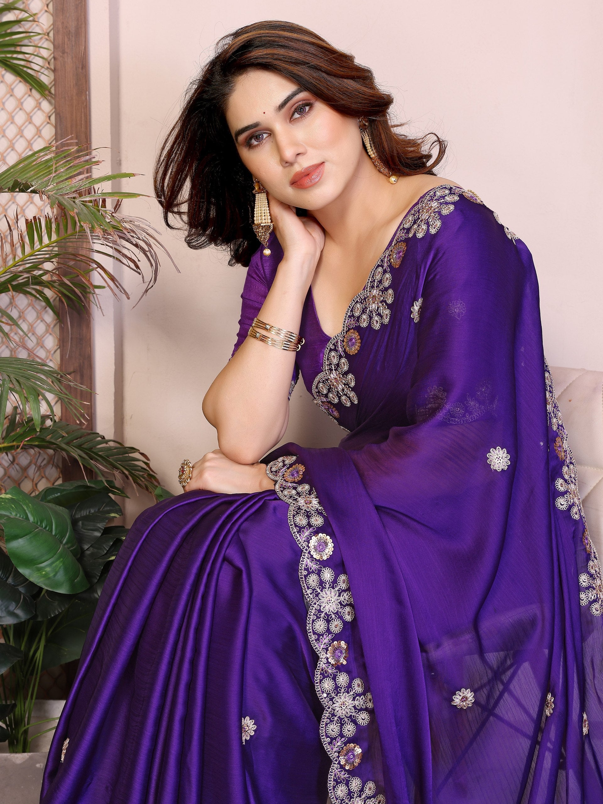 Fancy Purple Colour Chiffon Fabric Saree