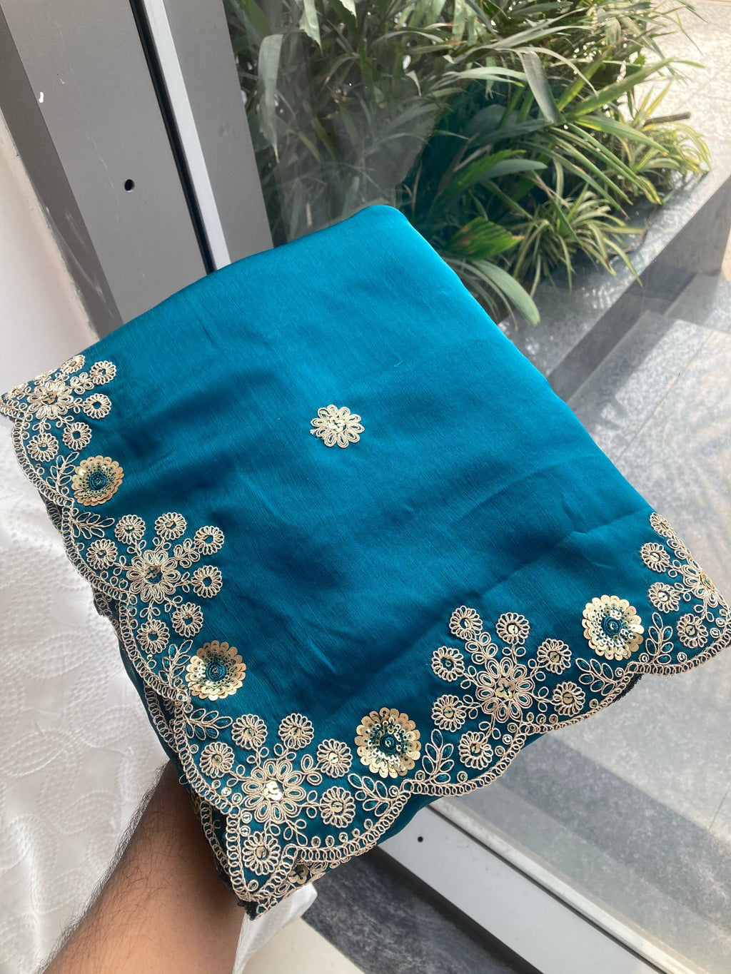 Chiffon Rama Colour Saree With Embroidery Work