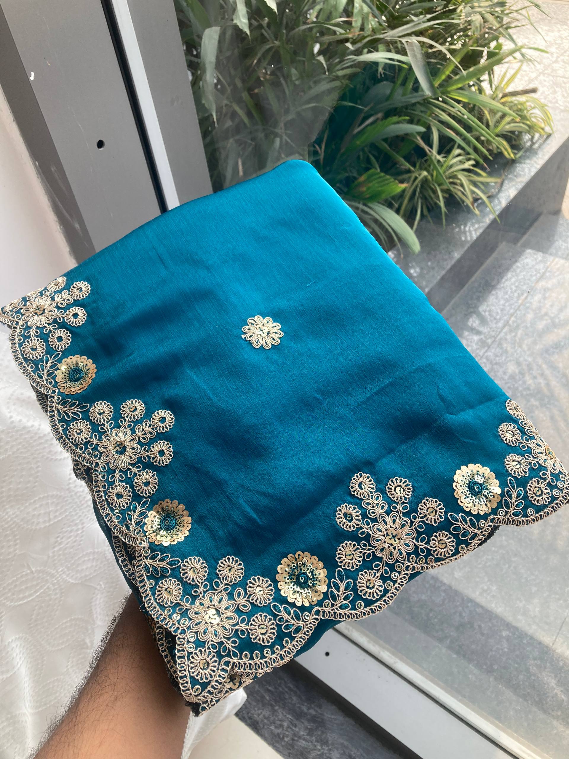 Chiffon Rama Colour Saree With Embroidery Work