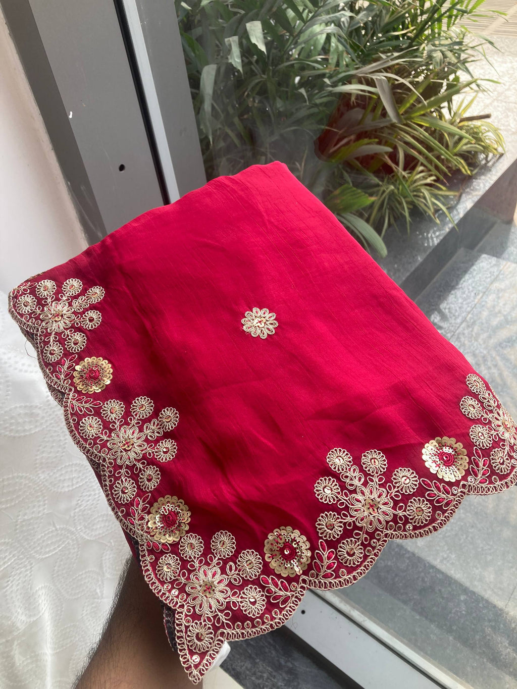Red Colour Chiffon Fabric With Embroidery Work Saree