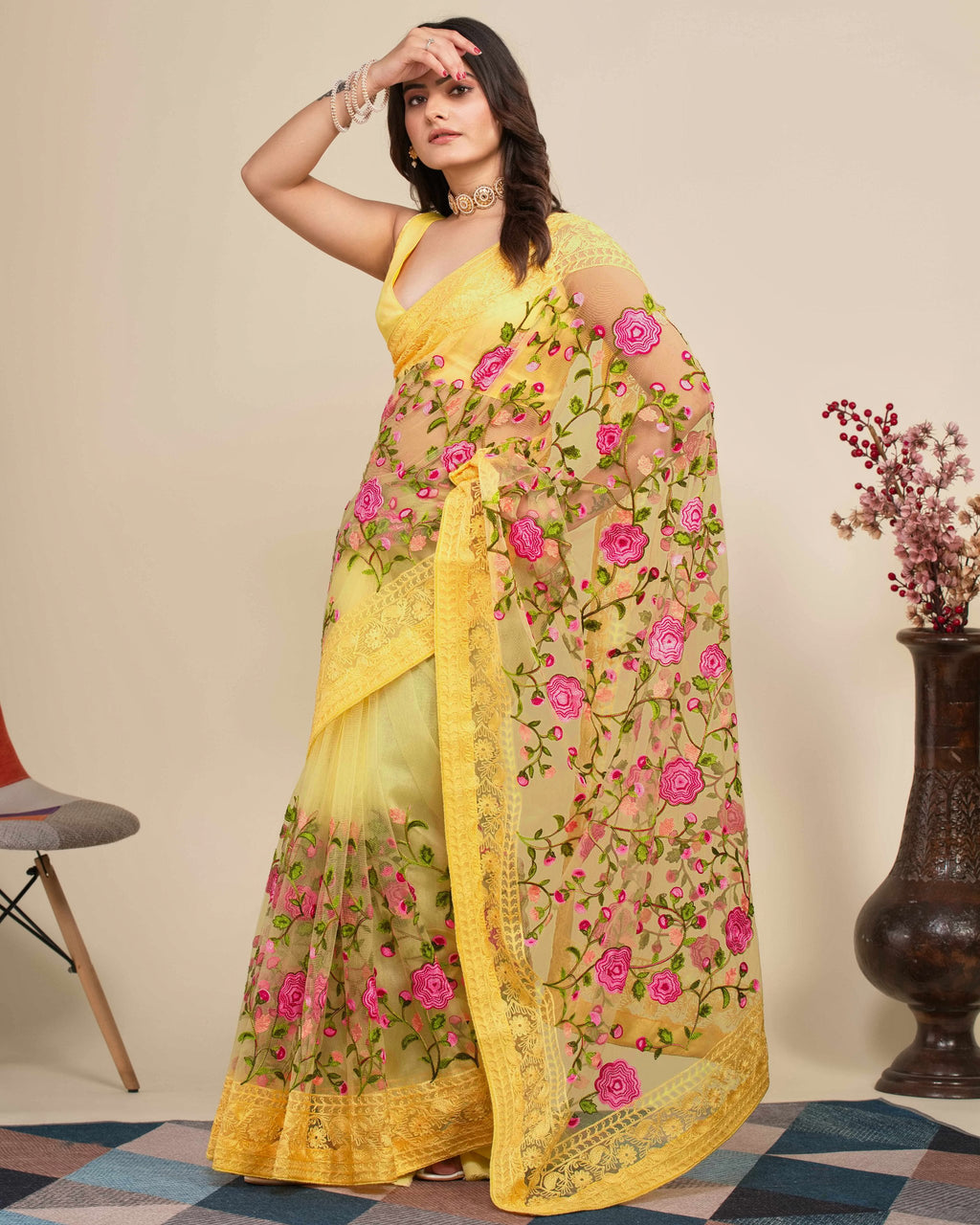 Fancy Yellow Colour Saree With Unstitched Blouse