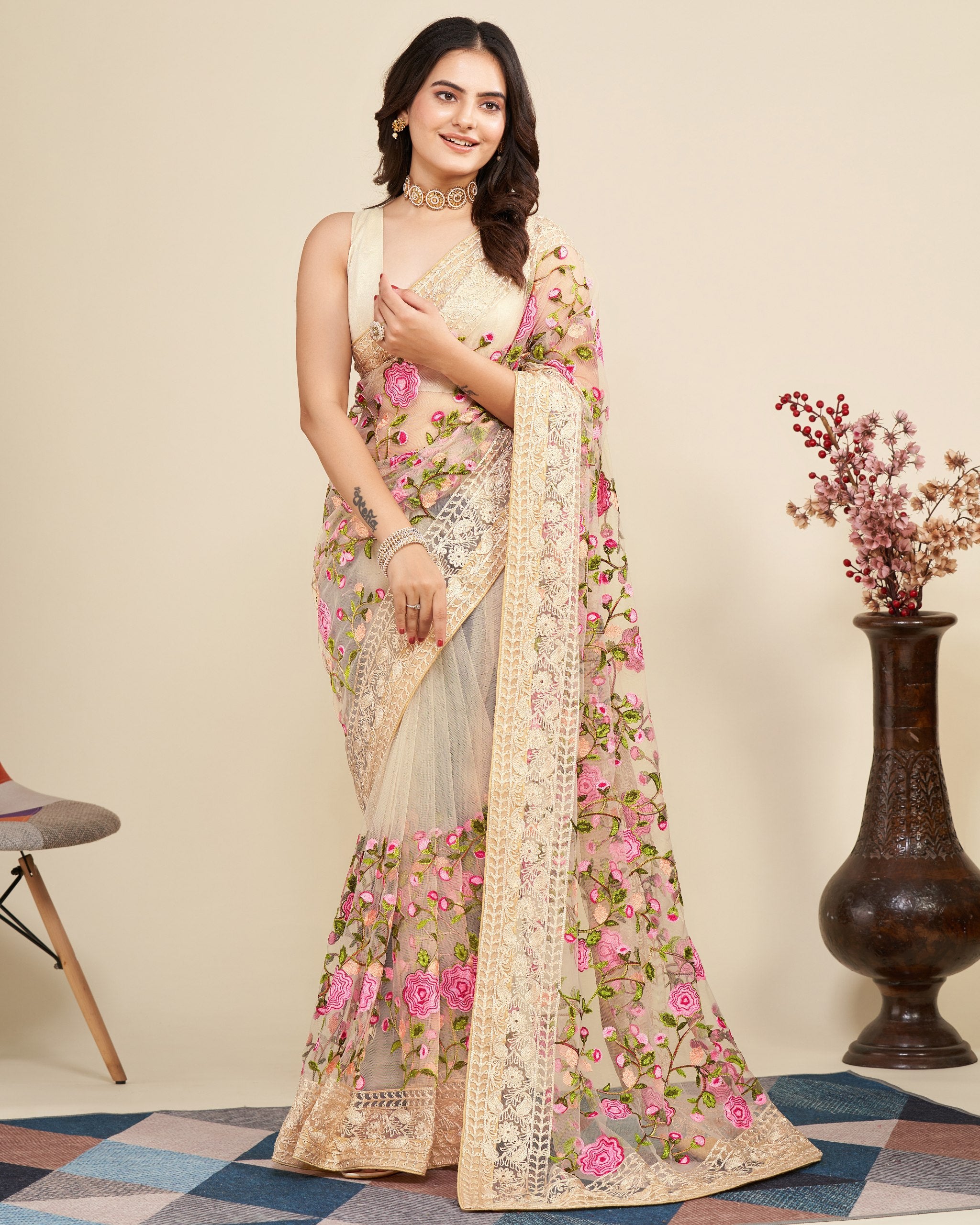 Wedding Chikkoo Colour Saree With Unstitched Blouse