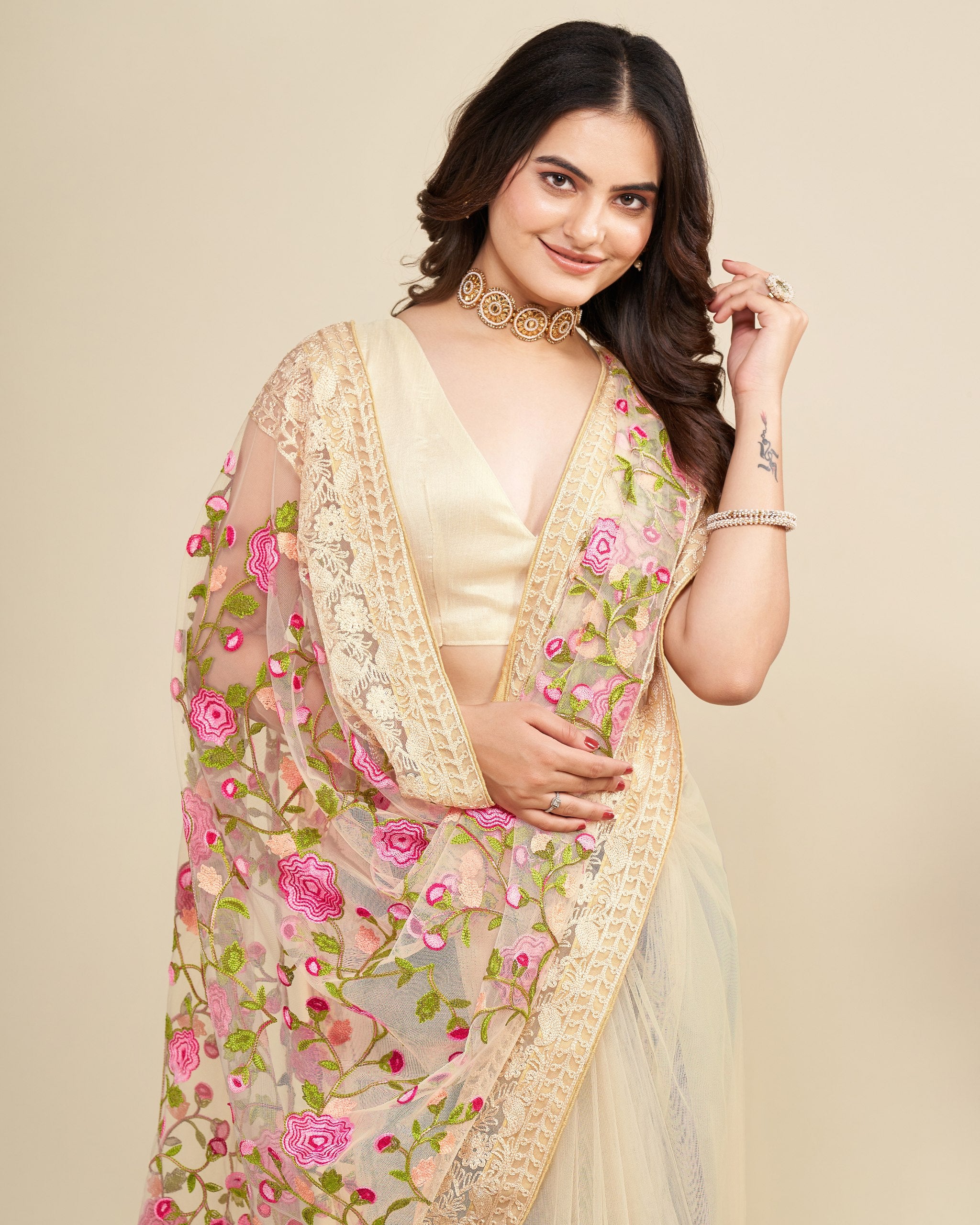 Wedding Chikkoo Colour Saree With Unstitched Blouse