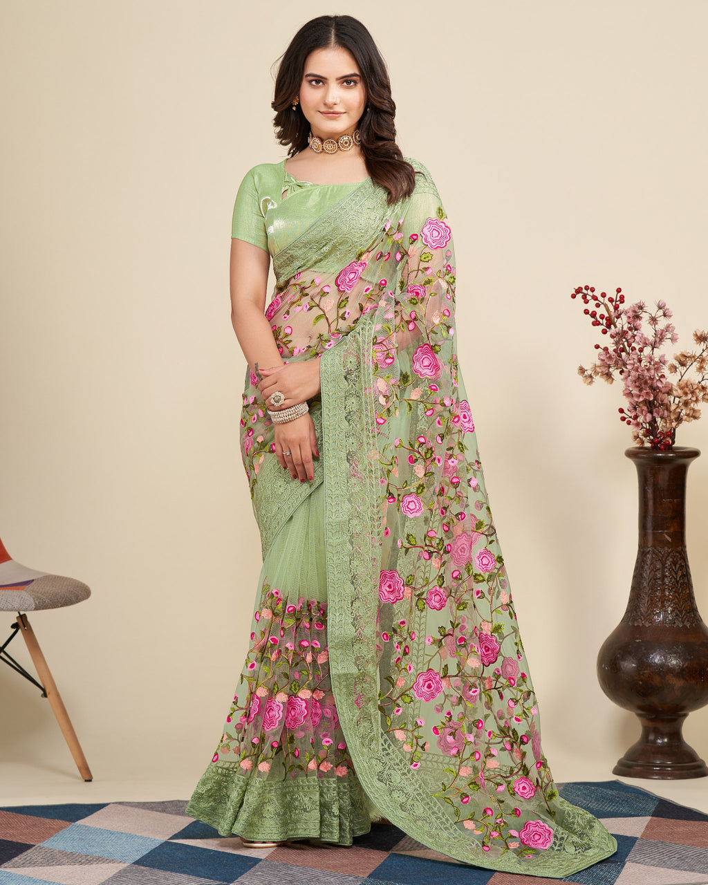 Designer Pista colour Saree With Unstitched Blouse