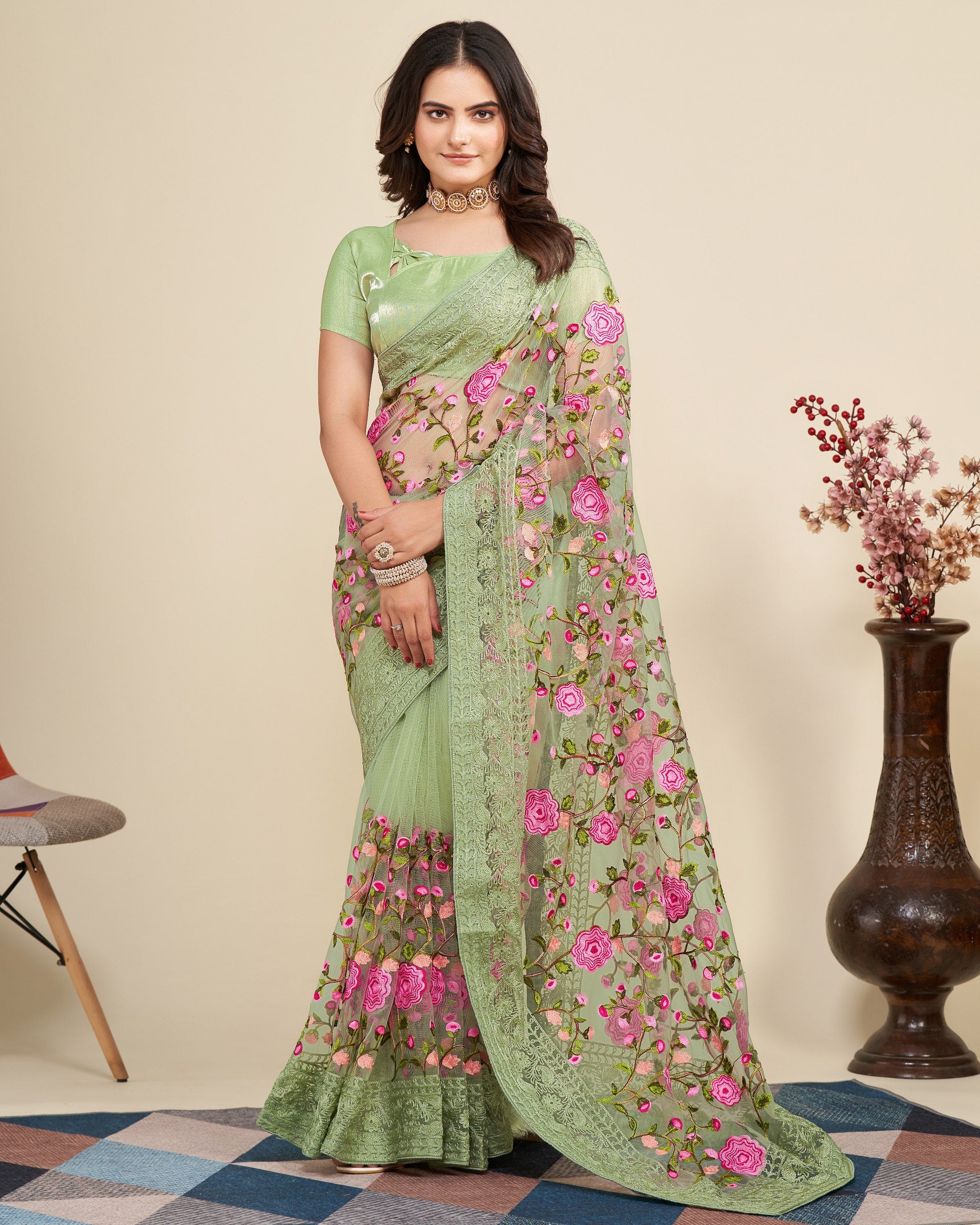 Designer Pista colour Saree With Unstitched Blouse