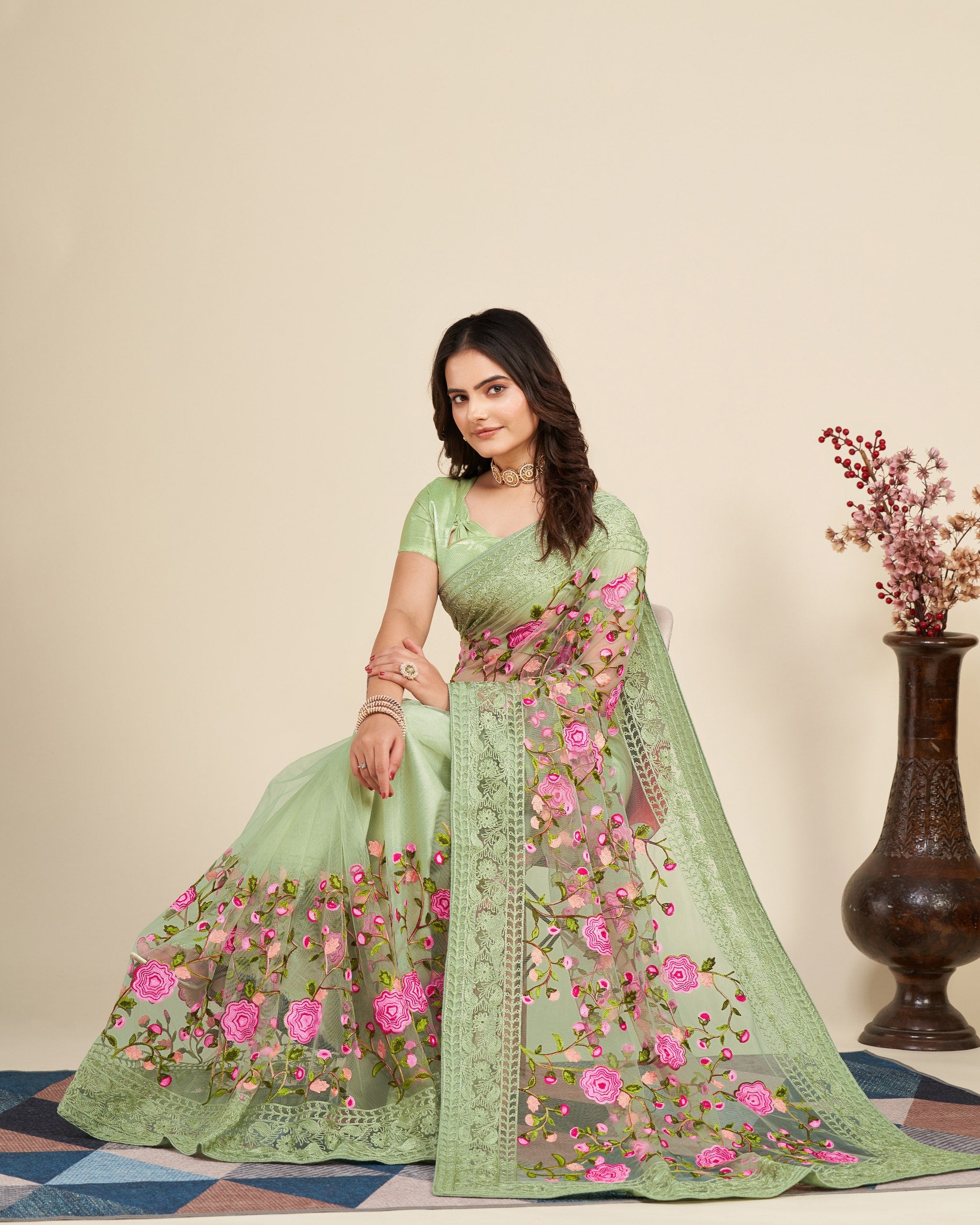 Designer Pista colour Saree With Unstitched Blouse