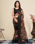 Net Work Black colour Saree With Unstitched Blouse