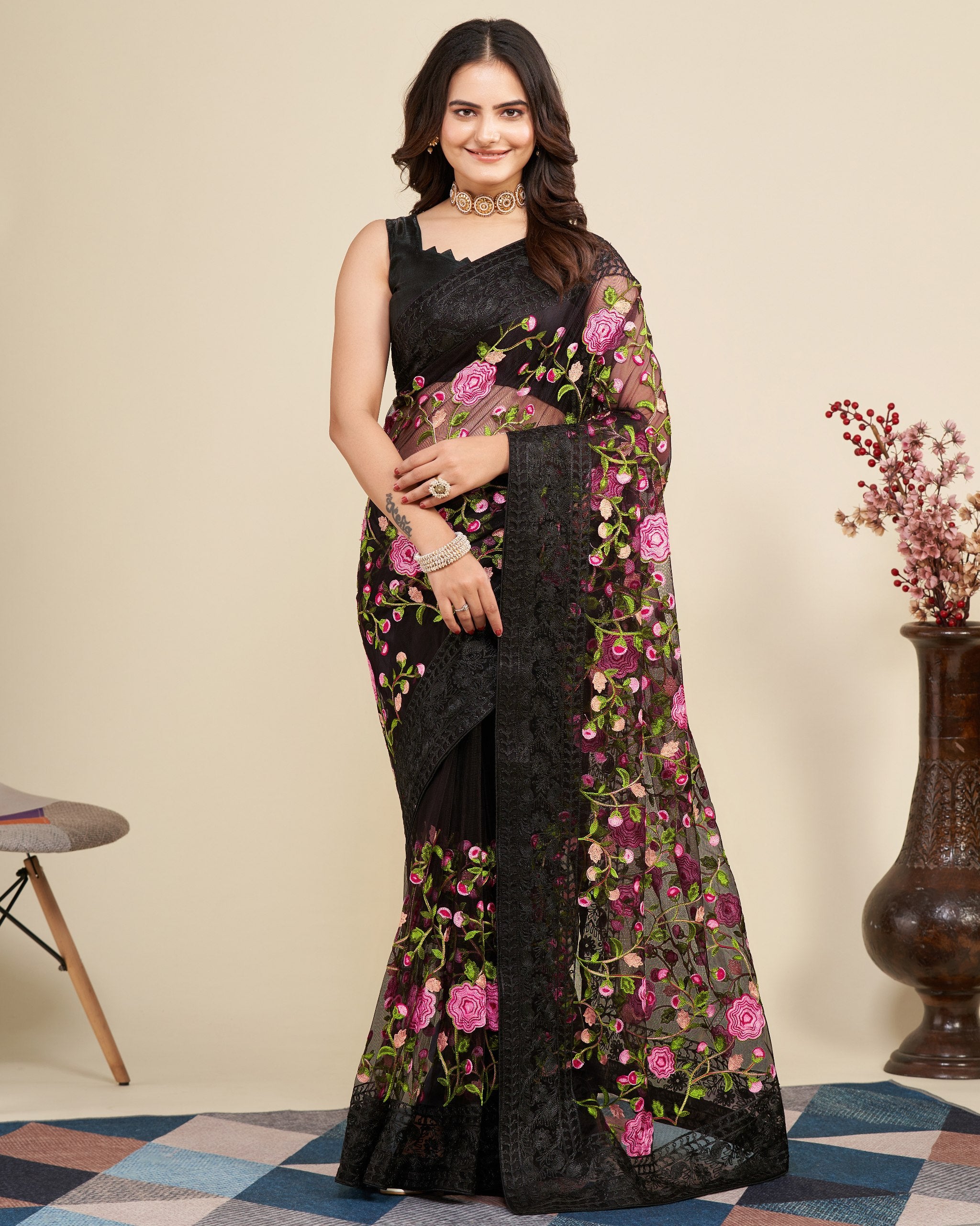 Net Work Black colour Saree With Unstitched Blouse
