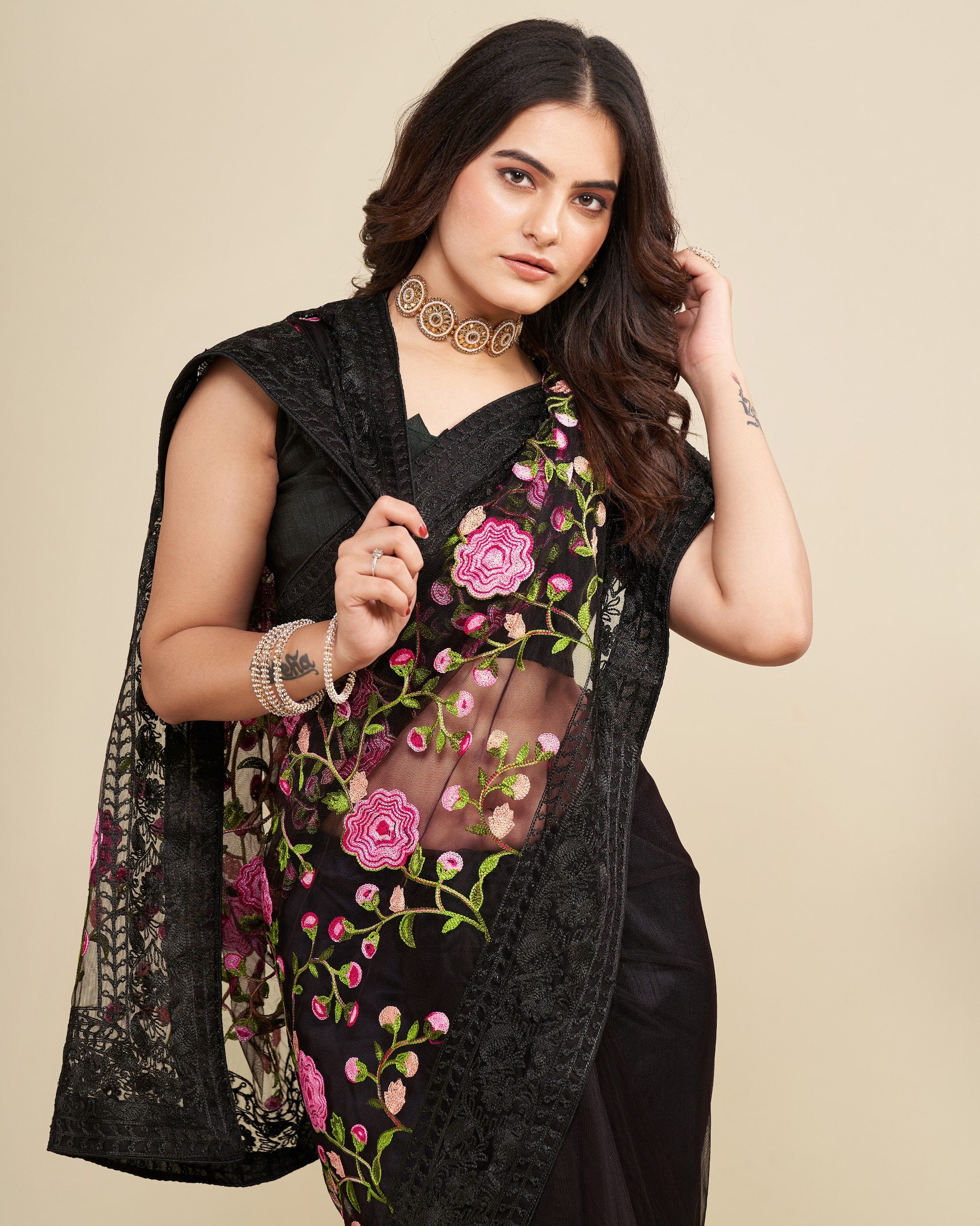 Net Work Black colour Saree With Unstitched Blouse