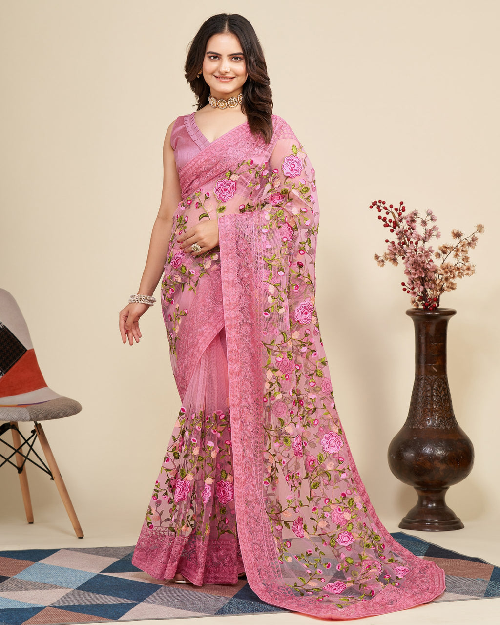 Premium Pink Colour Saree With Unstitched Blouse