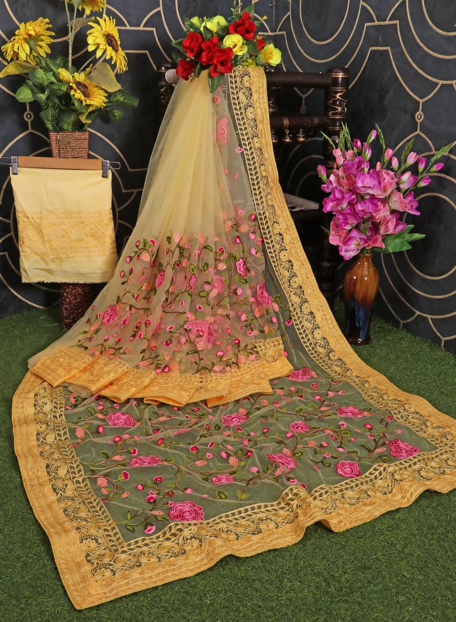 Fancy Yellow Colour Saree With Unstitched Blouse